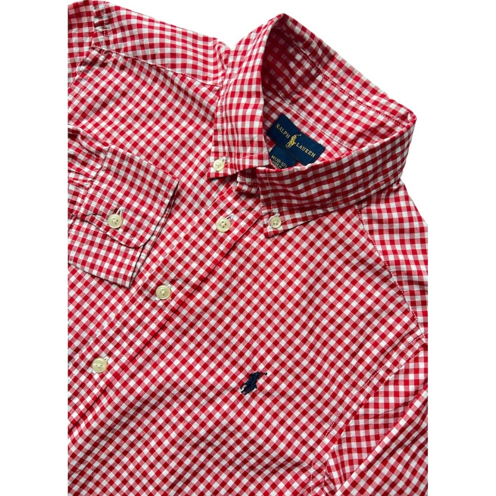 Polo Ralph Lauren Gingham Shirt Boys M 10-12 Red White Long Sleeve Pony Preppy